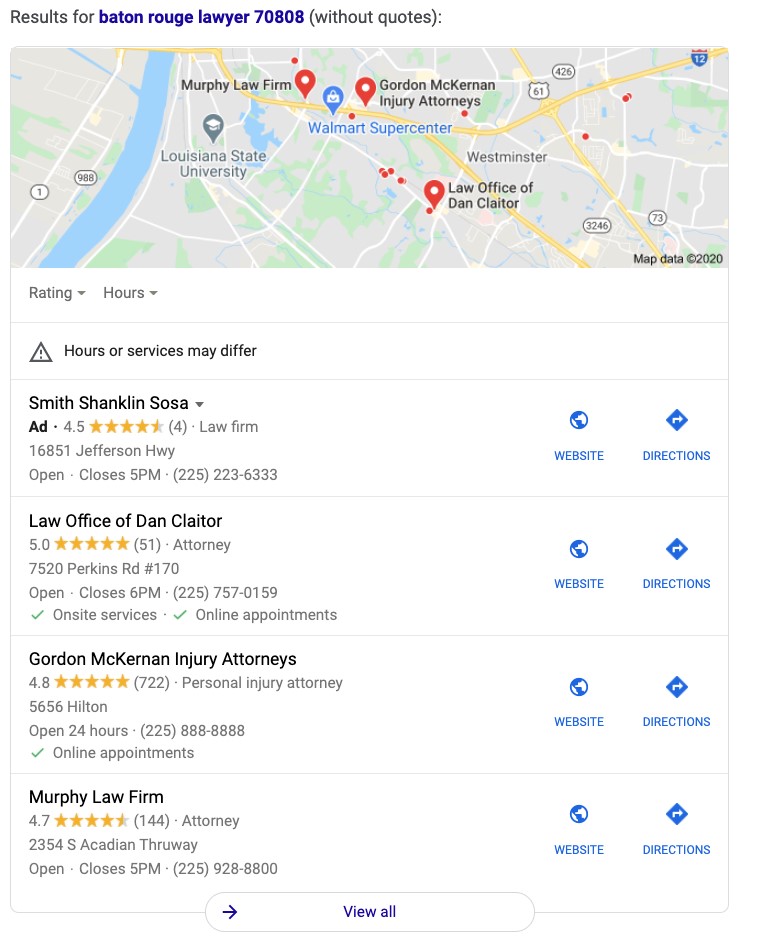 Baton Rouge SEO lawyer 3 pack results for “baton rouge lawyer"